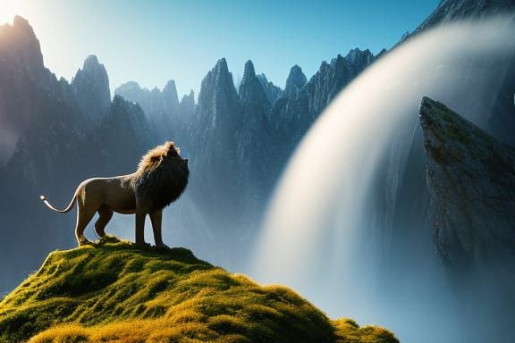 Blue Streaked Lion on Outcrop in Detailed Matte Style