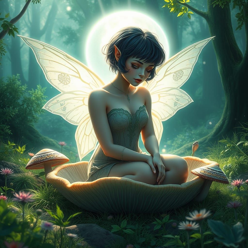 Serene Star Trek Fae in Mushroom Ring, Whispers in Moonlit F...