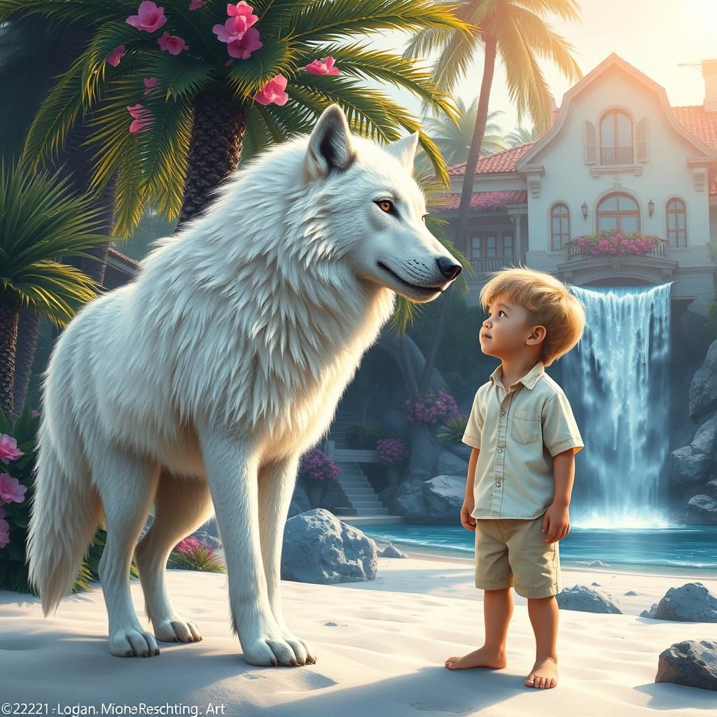 Majestic White Wolf in Beach Garden, Hyperrealistic