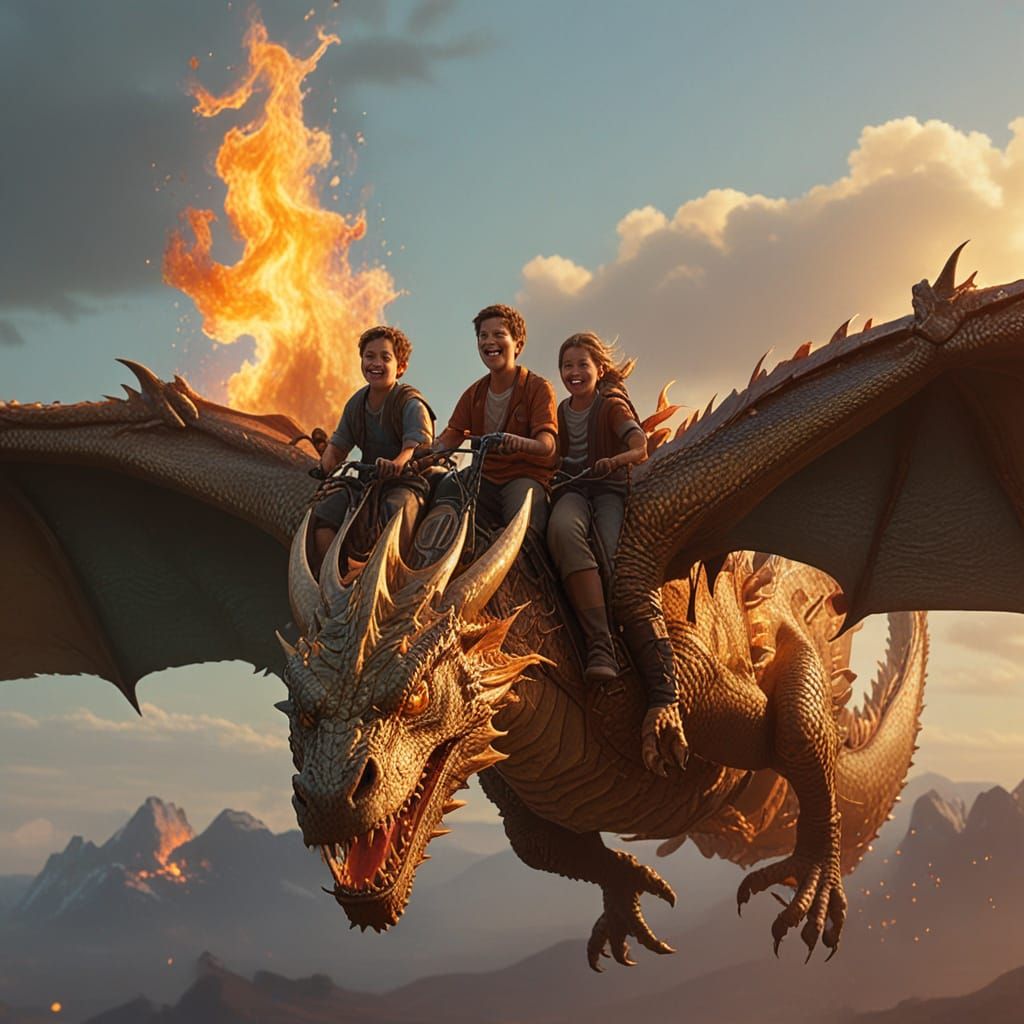Dad and Kids on a Dragon: Fantasy Illustration