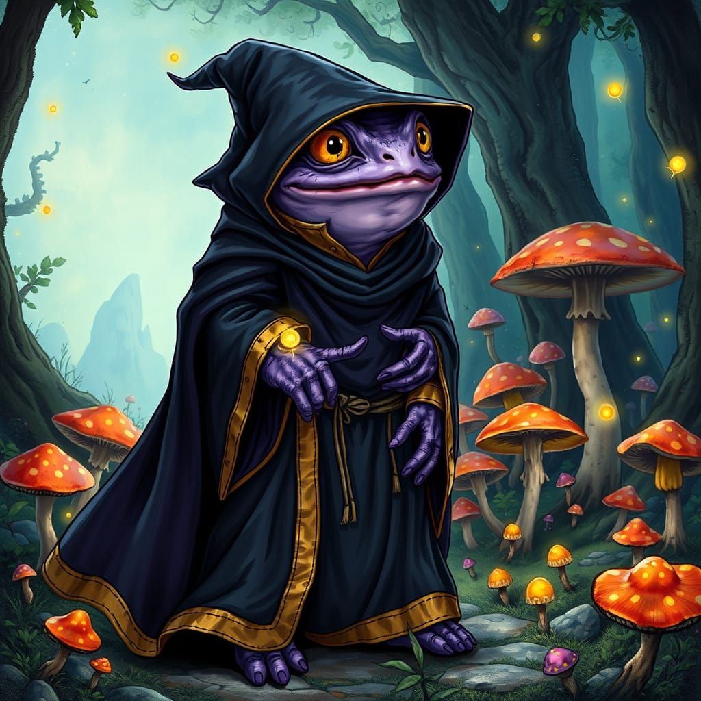 Purple Toad Wizard in Mushroom Forest, Mystical Art