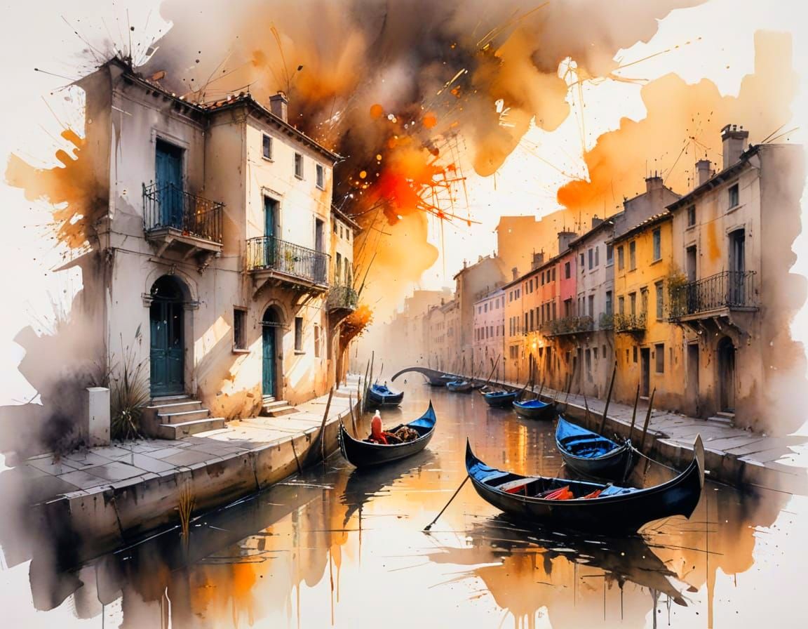 Watercolour Canals at Dawn in Venetian Style