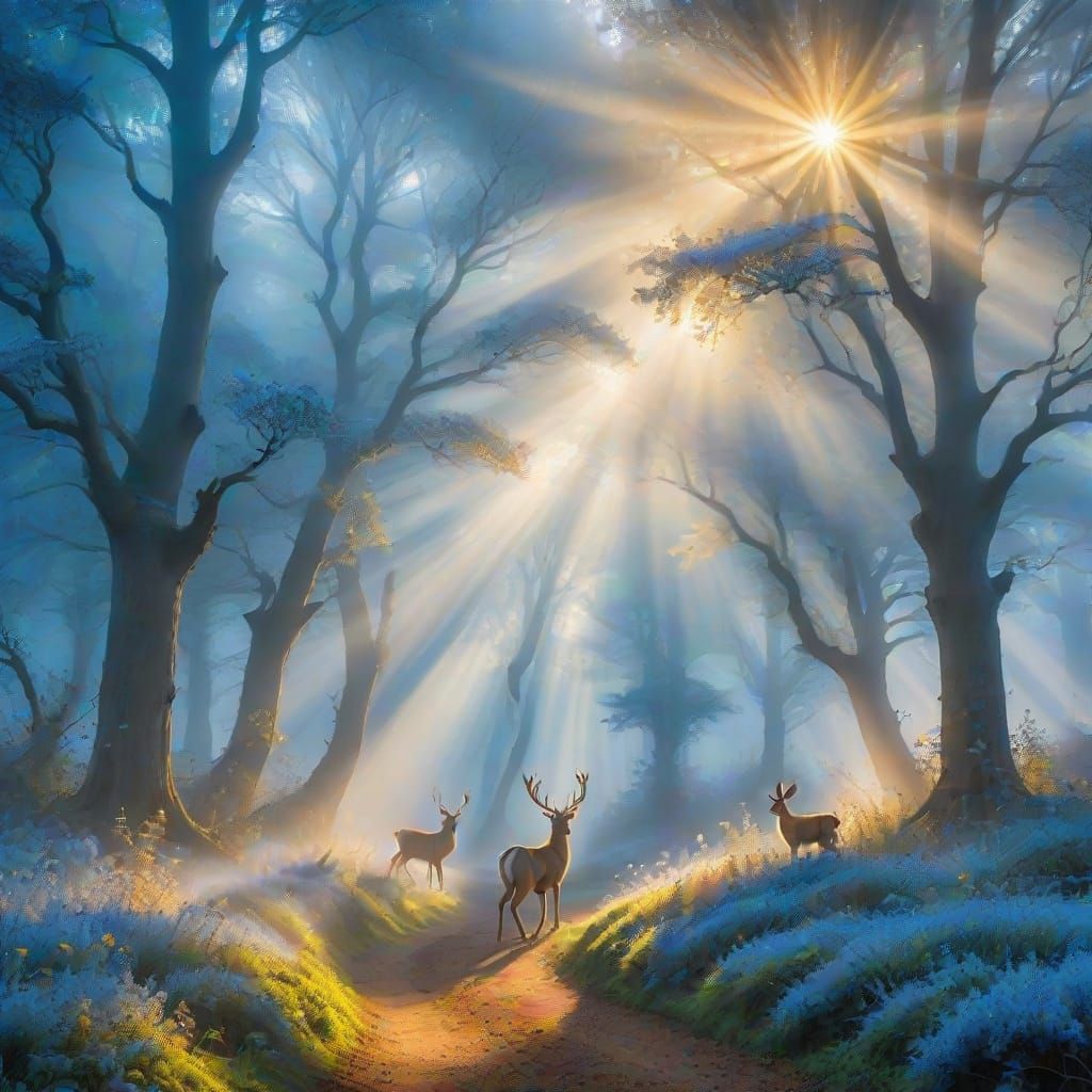 Magical Forest Scene with Blue Trees, Fairies, and Wildlife