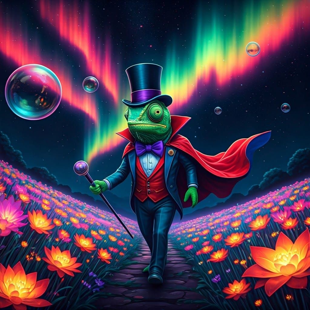Neon Chameleon Magician in Glowing Meadow