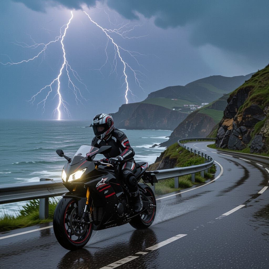 Motorcyclist Rides Cliff Road in Rainstorm