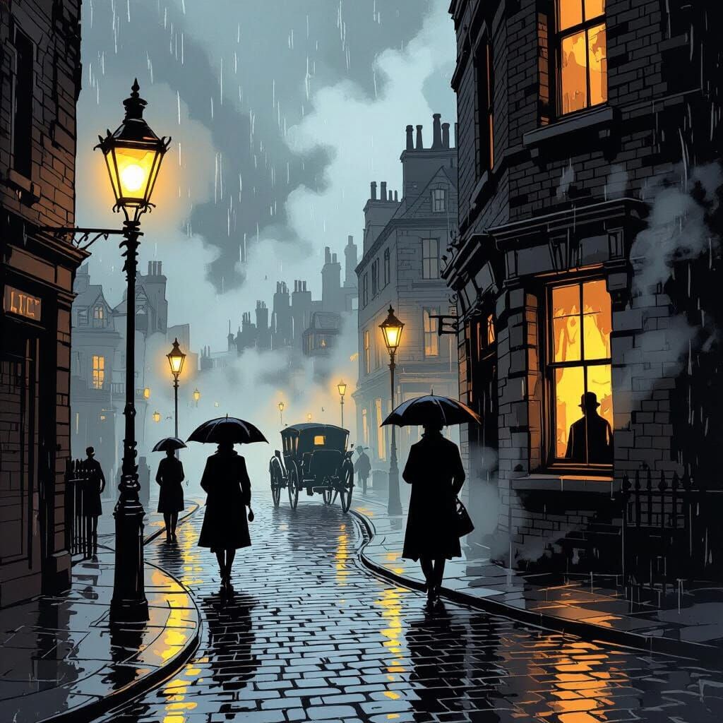Victorian London Street Scene in Comic Book Style