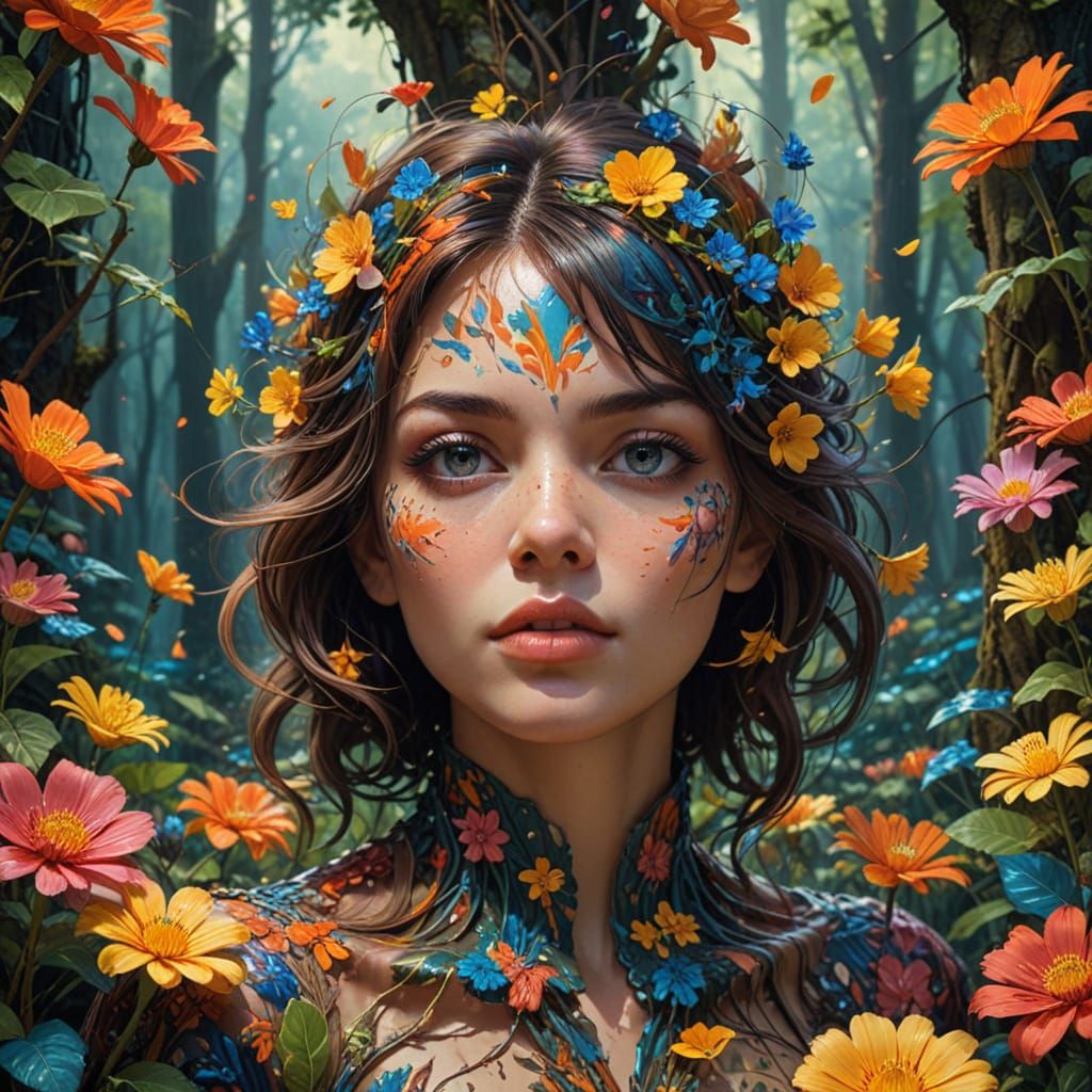 Vibrant Popart Portrait of a Woman in a Surreal Forest