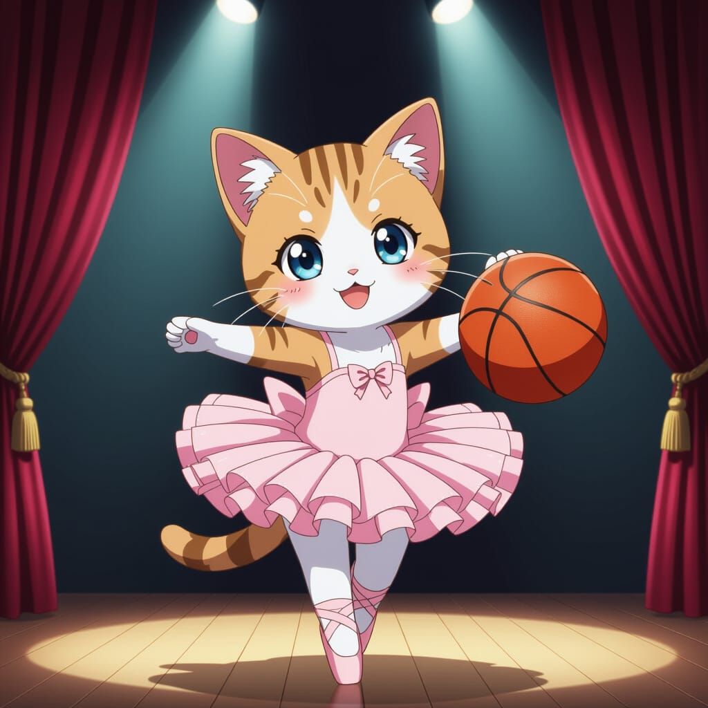 Anime Kitten Ballerina on Stage in Shinkai Style