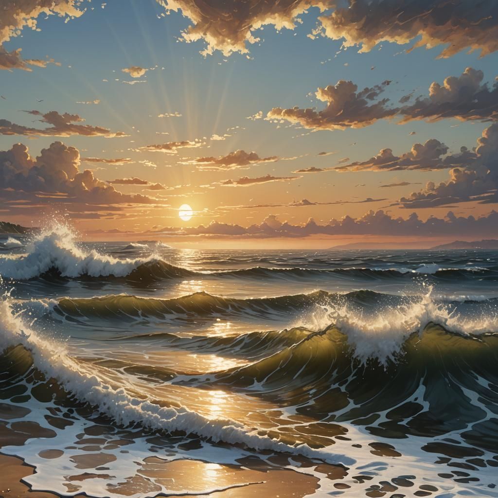 Hyperrealistic Sunrise Over Bay with Golden Waves