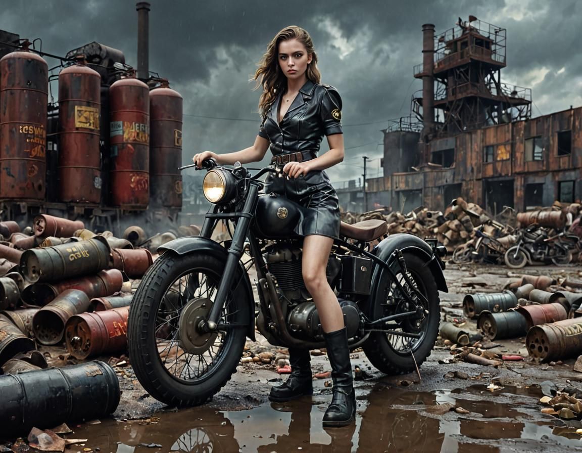 Dieselpunk Girl in Industrial Factory with Motorcycle