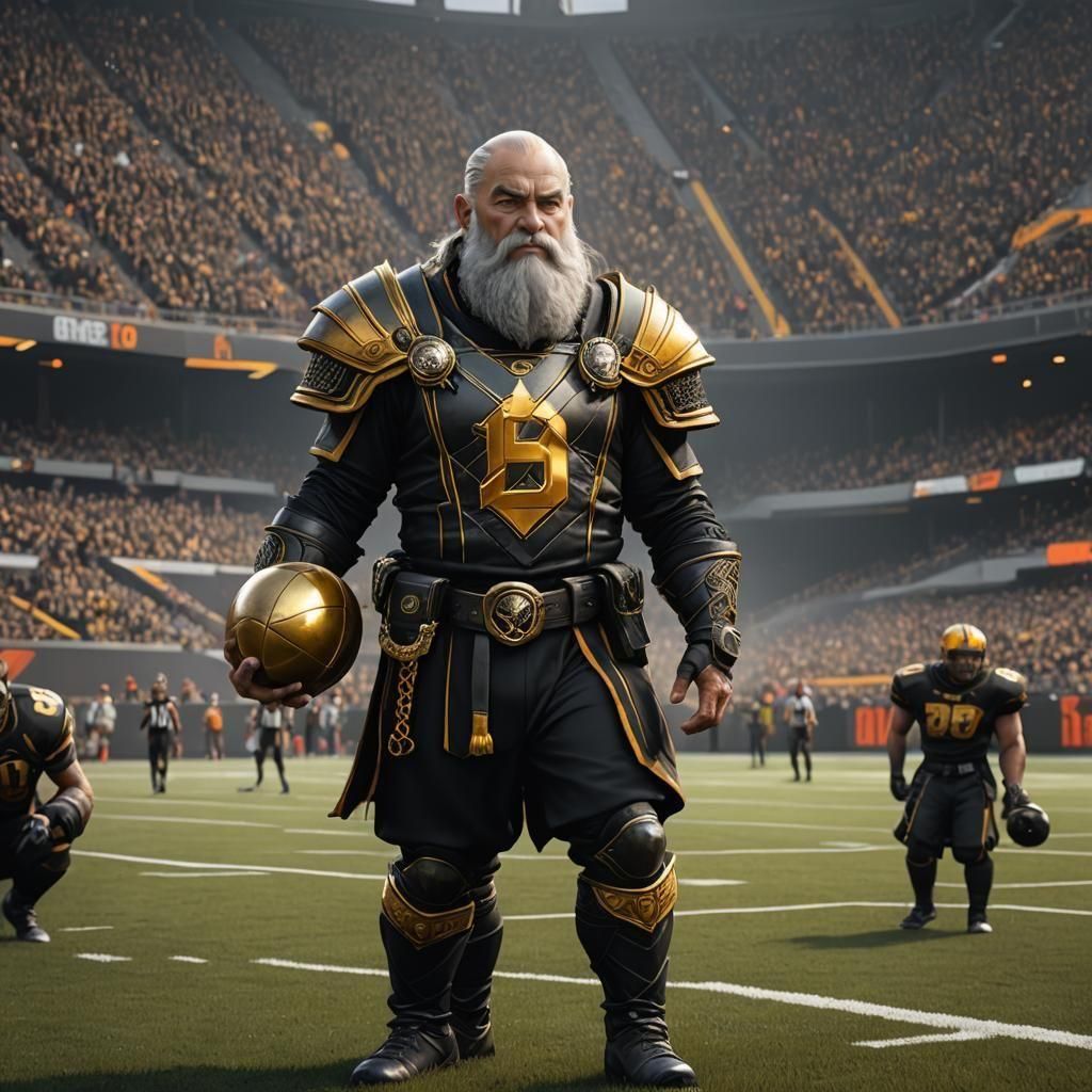 Elder Dwarf Football Player on Field: Fantasy Art