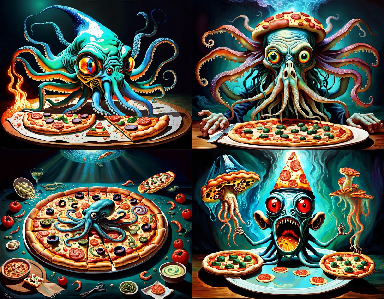 Surreal Pizza Squid Hybrid Inspired by Cubism