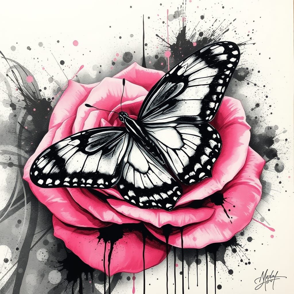 Black and White Butterfly on Pink Rose Splatter Art