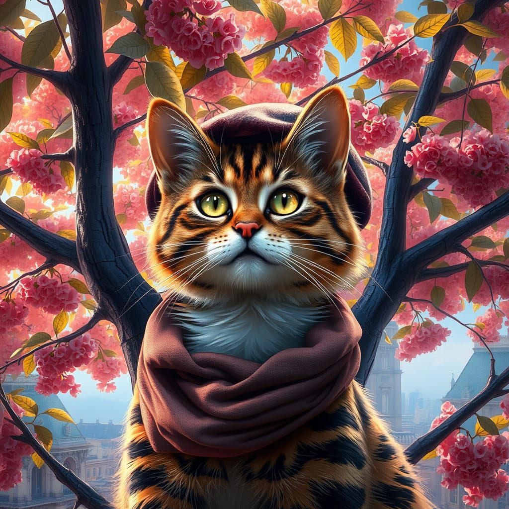 Cat in Paris Tree: Detailed Digital Portrait