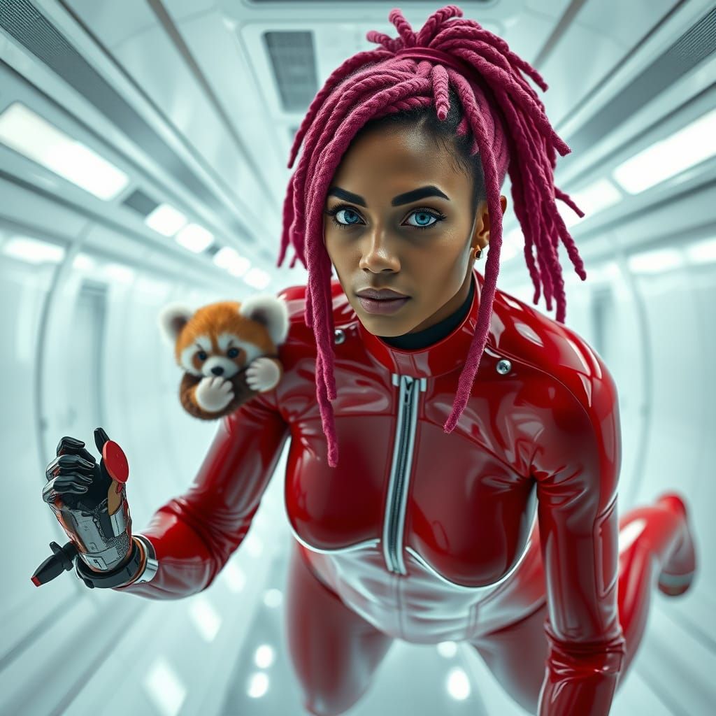 Cyberpunk Woman and Cybernetic Red Panda in Futuristic White...
