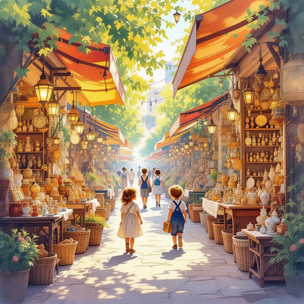 Sun-Drenched Marketplace of Antique Toys in Watercolor Style