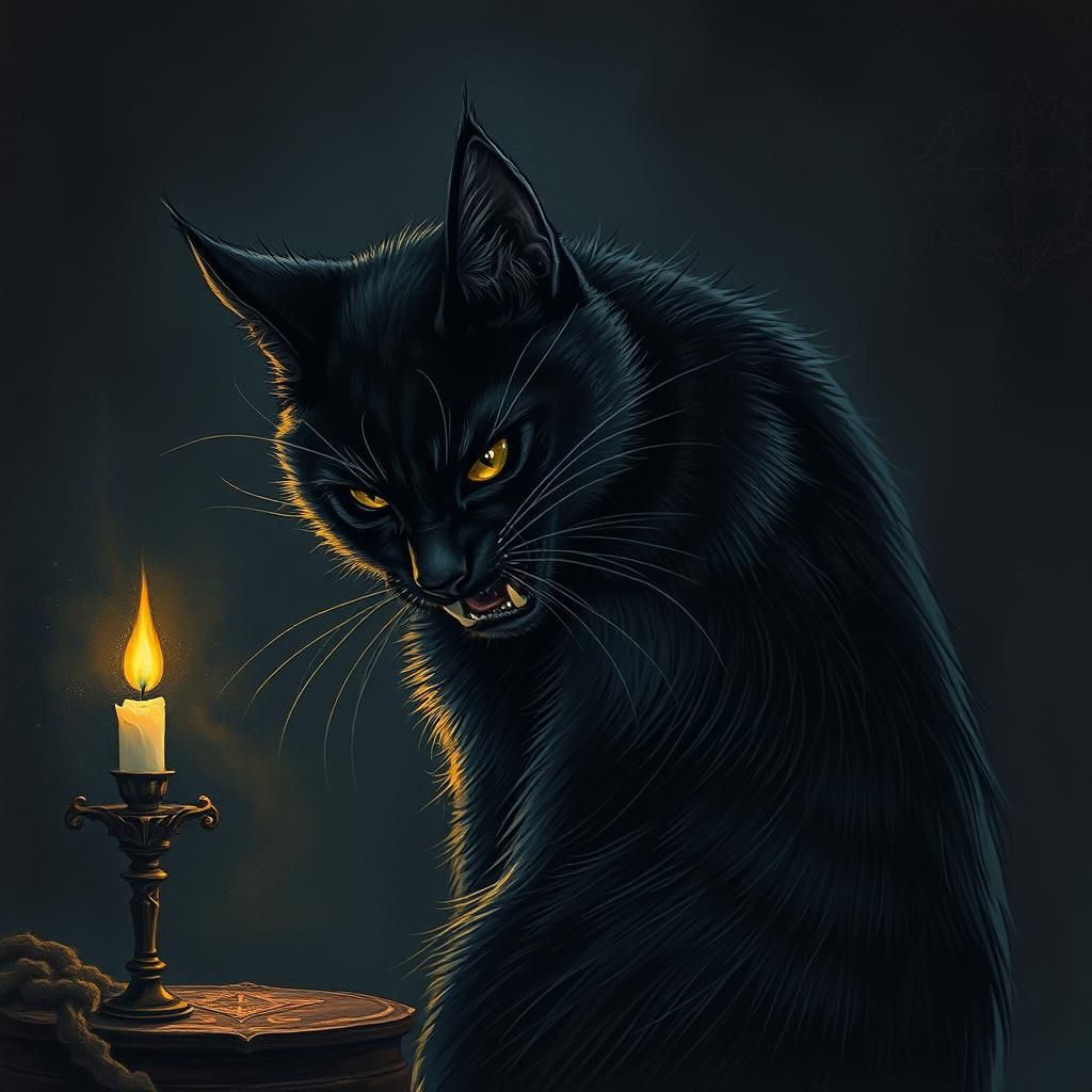 Menacing Black Cat Hissing in Dark Romantic Style