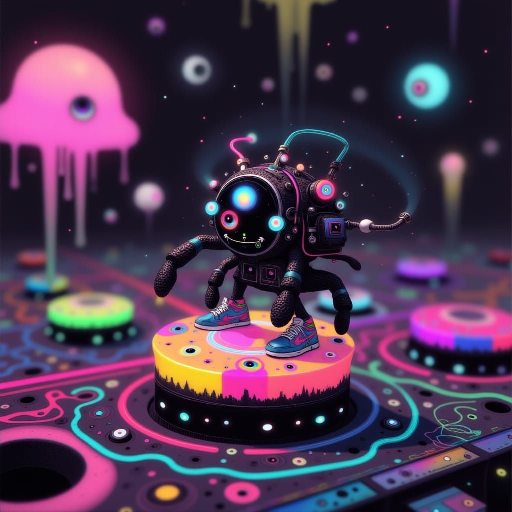 Jumping Spider Plays Arcade Game in Neon Arcade