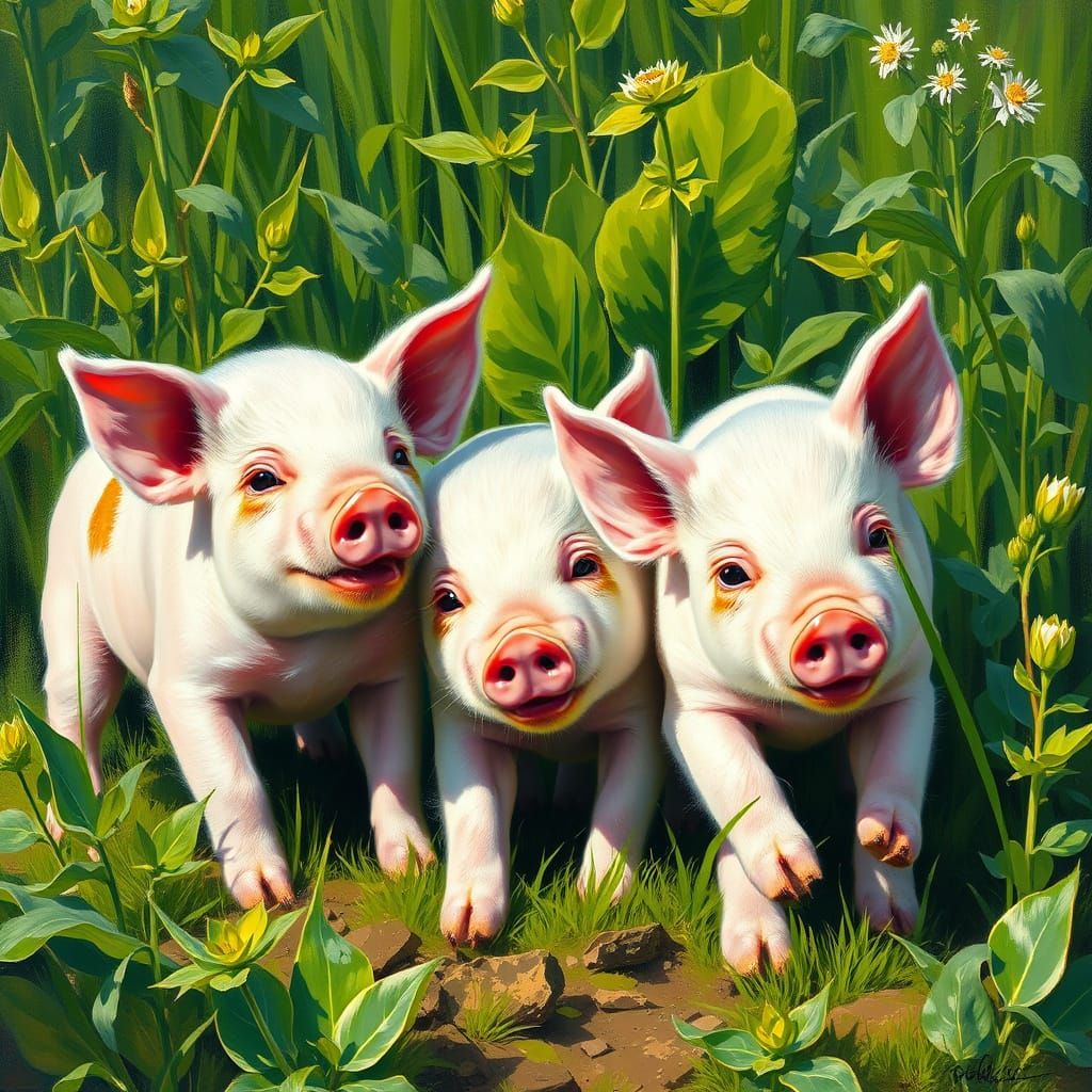 Berkshire Piglets Playing in Impressionist Gouache Style