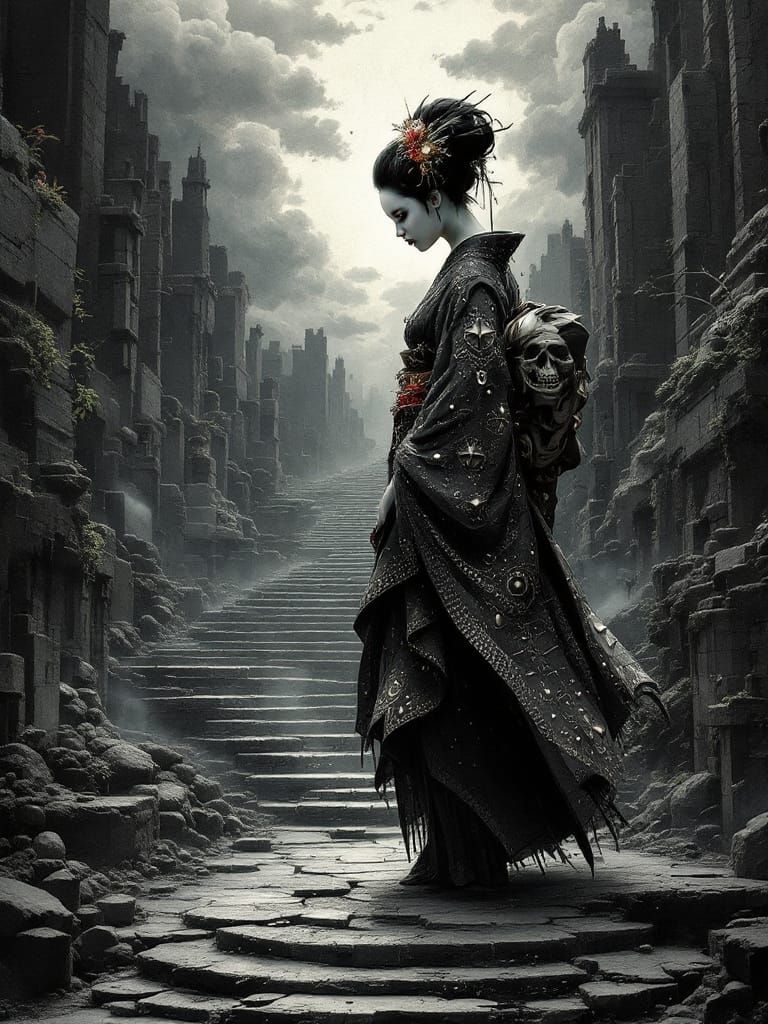 Soot-Laced Geisha in a Blackened Dreamscape