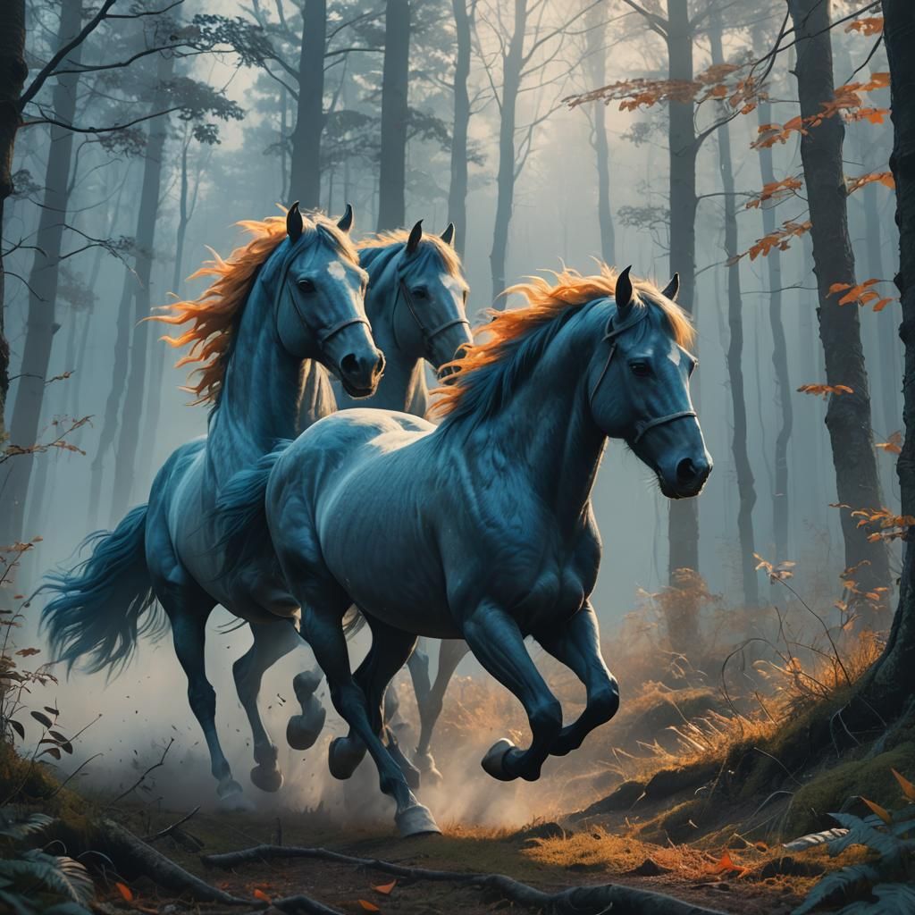 Blue Horses Run Through Misty Forest in Digital Art