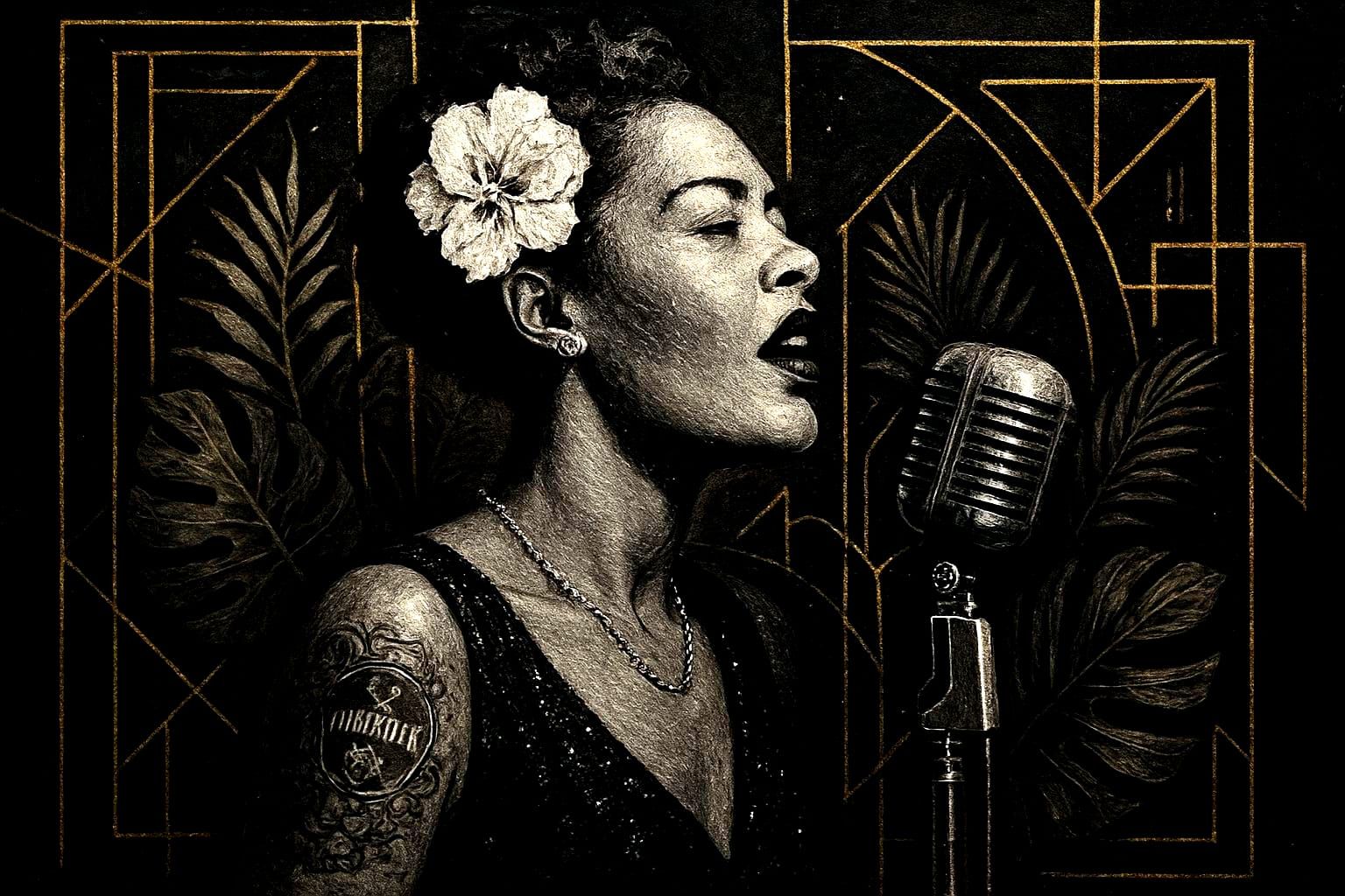 Billie Holiday in Art Deco Style with Floral Elements