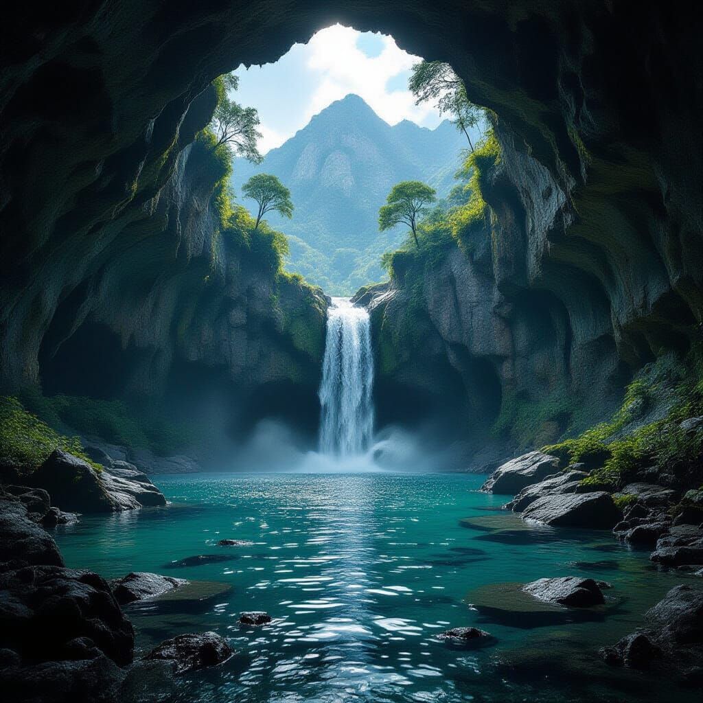 Cinematic Mountain Cave with Waterfall