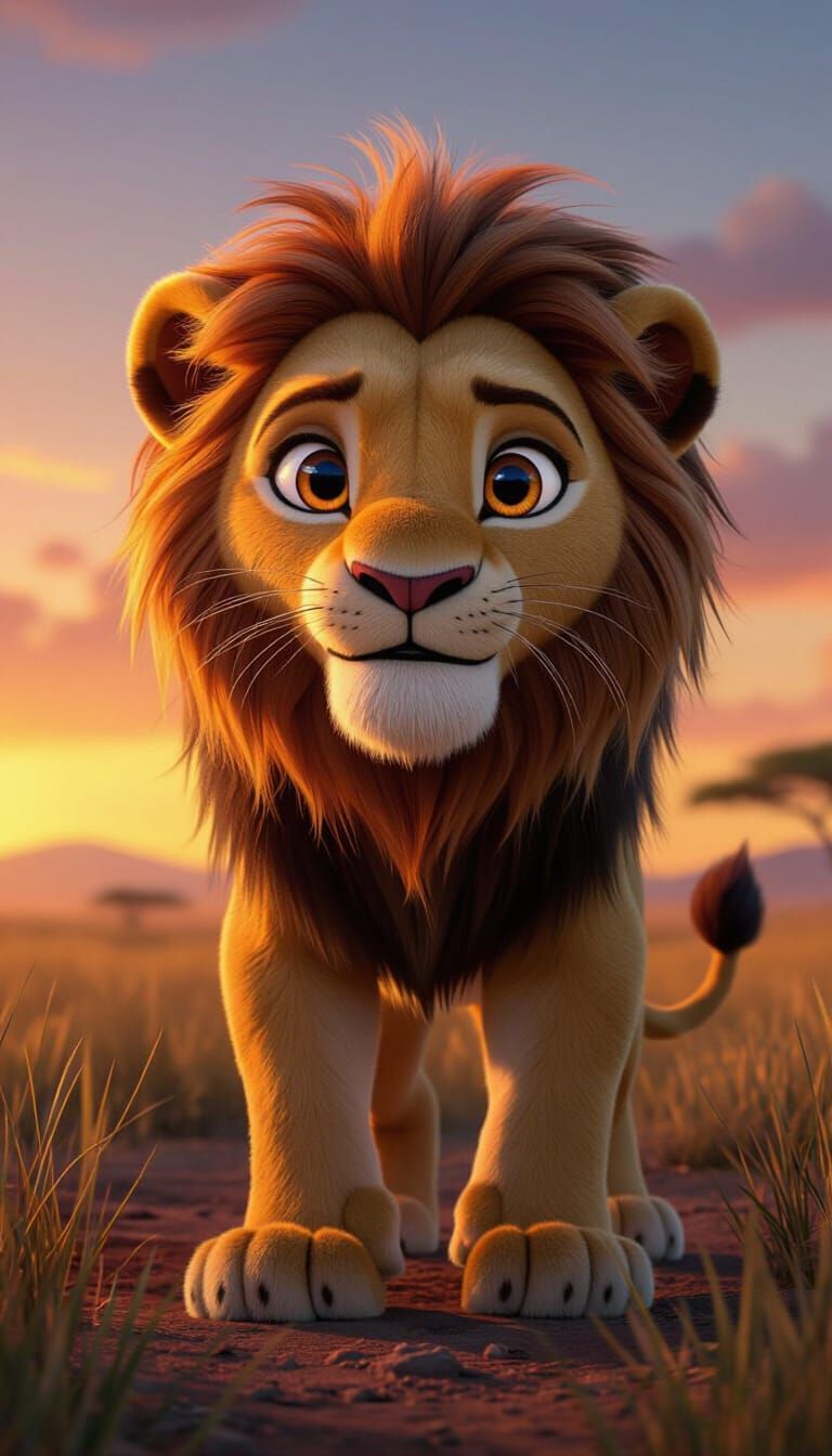 Adorable Lion in African Savannah Sunset: Pixar Style