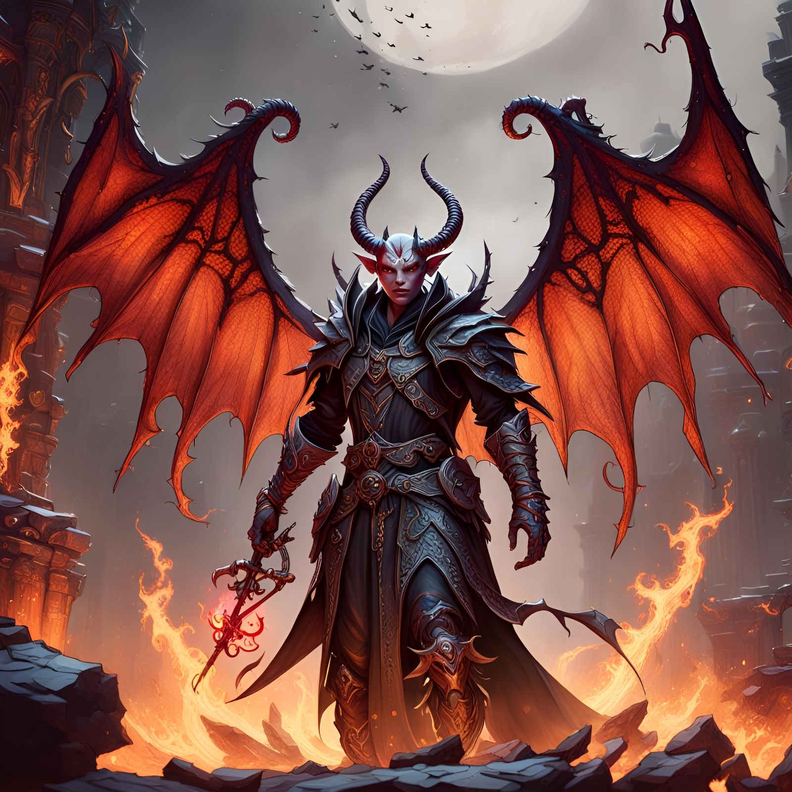 Tiefling Necromancer with Wings: Fantasy Concept Art