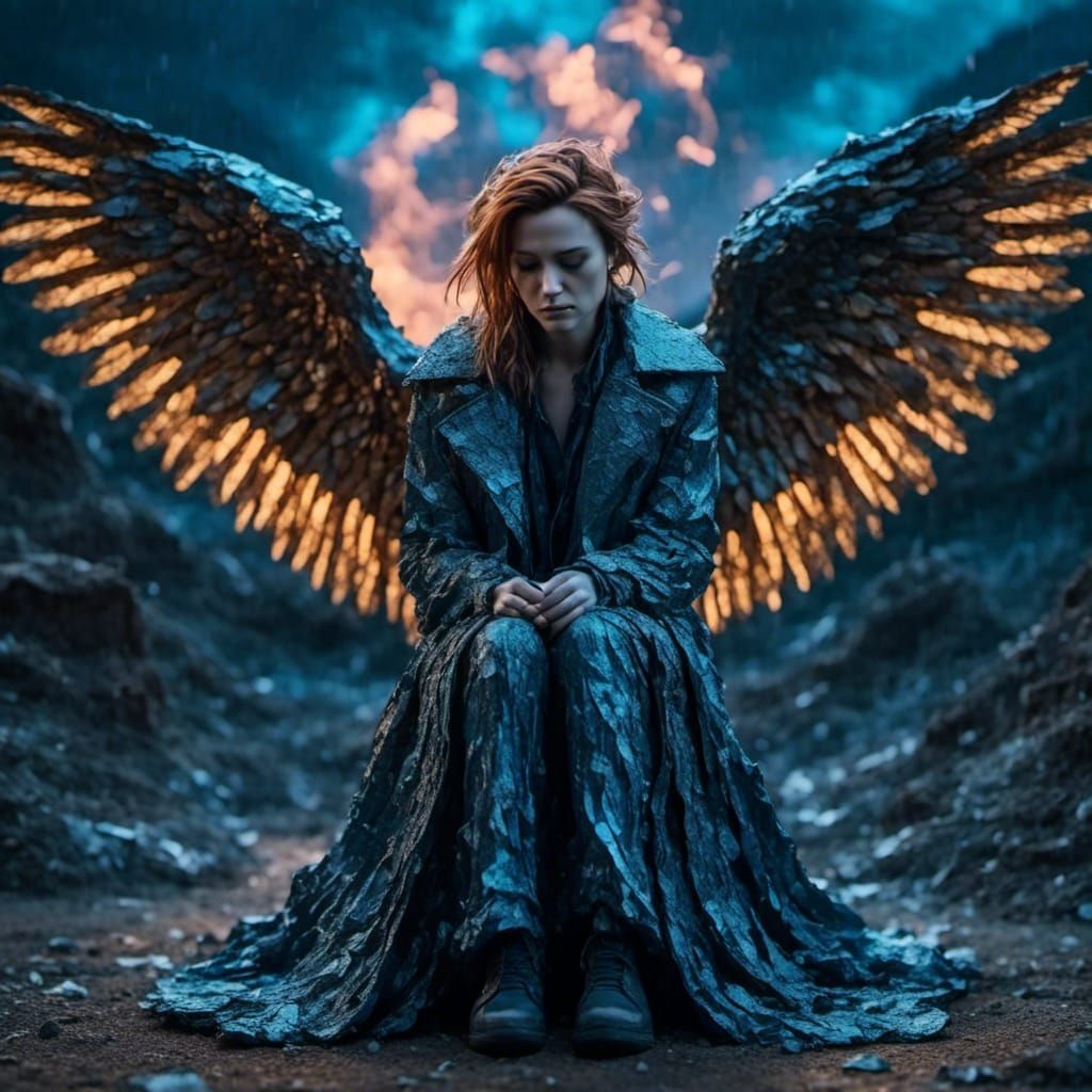 Sad Angel in Cosmic Cemetery, Neo-Impressionist Art