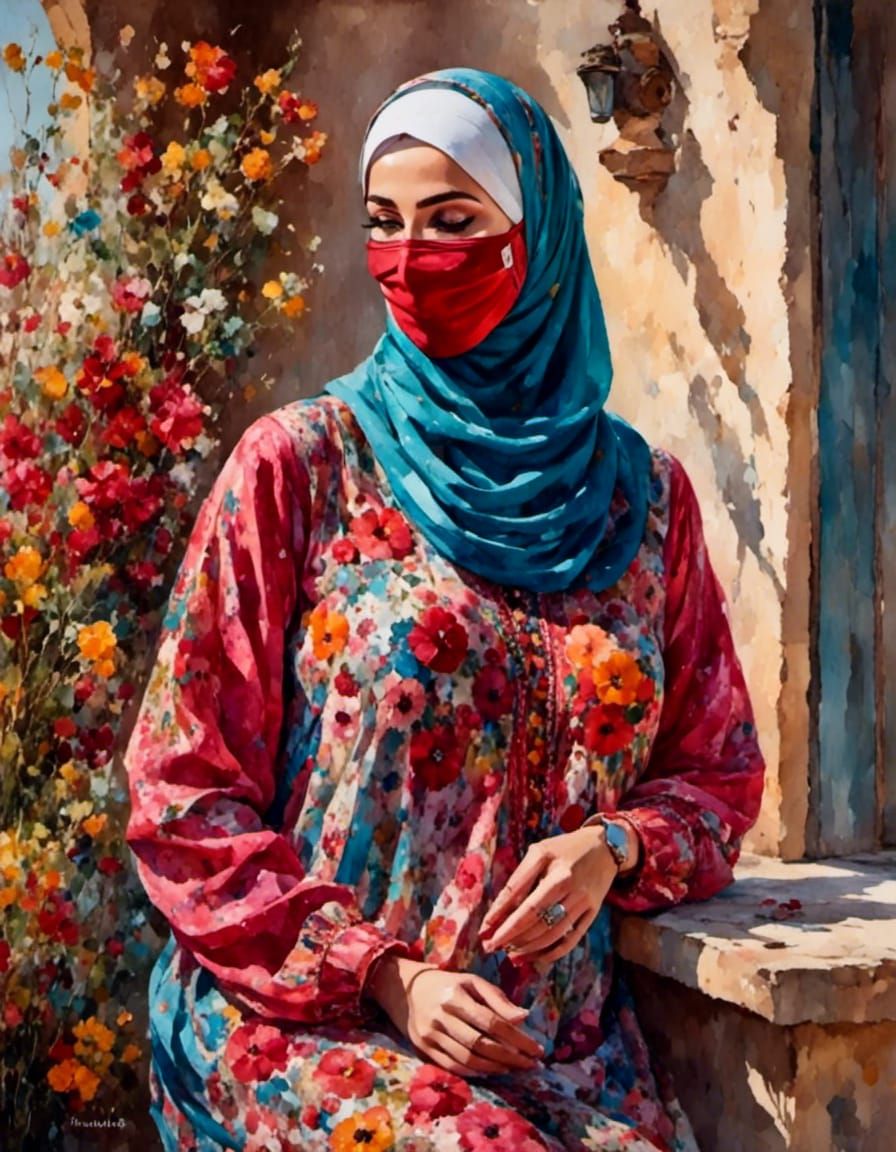 Smiling Hijabi Woman in Garden as Oil Painting