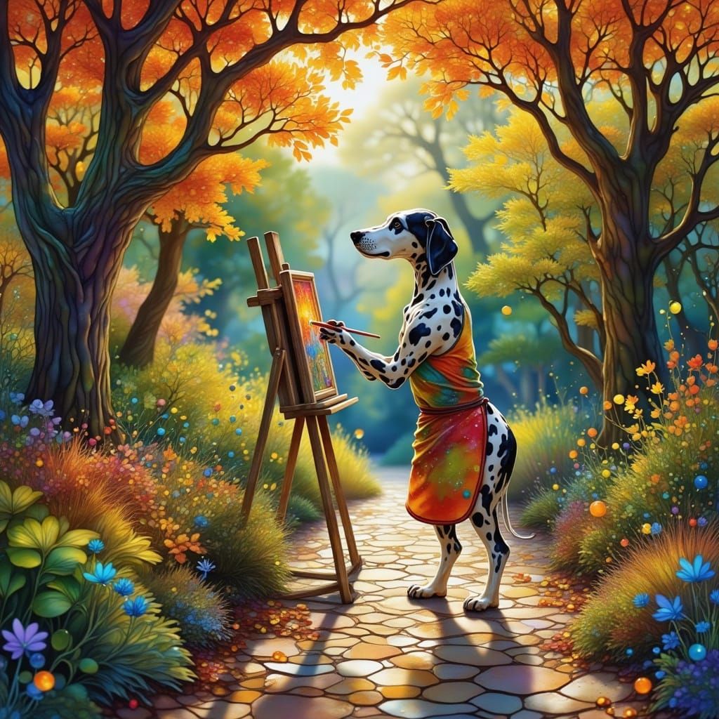 Dalmatian Artist Painting in Monet Style Garden