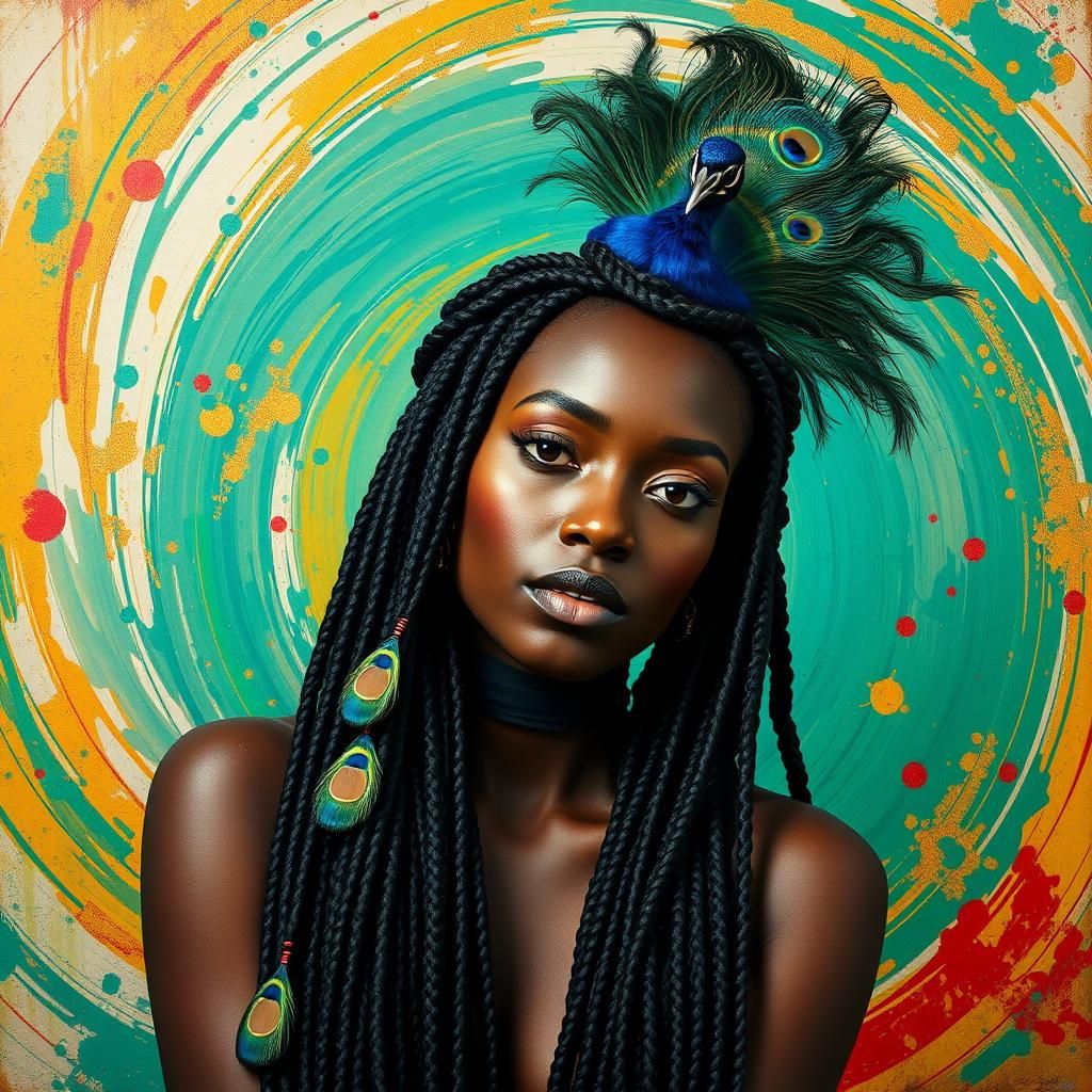 Peacock Woman with Braids in Basquiat-Klimt-Kahlo Style