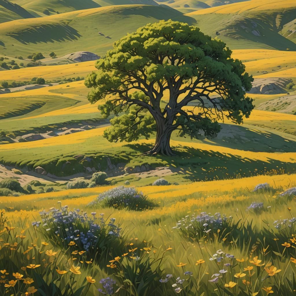 Lone Green Tree in a Yellow Summer Meadow