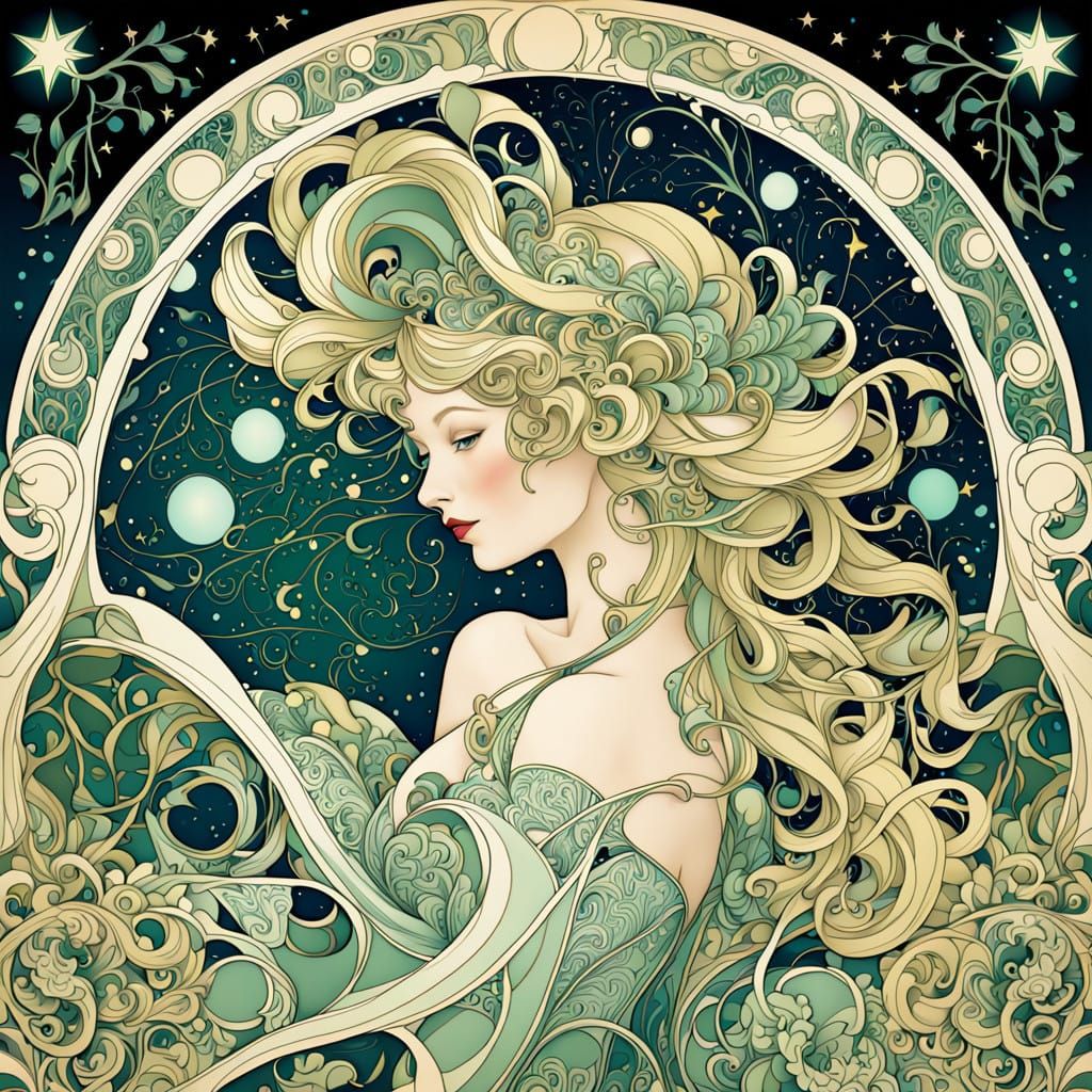 Whimsical Dreamlike Forest Scene in Art Nouveau and Rococo S...