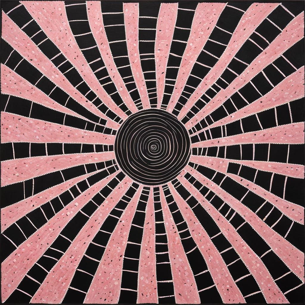Pink Sun Black Hole in Aboriginal Dot Painting Style