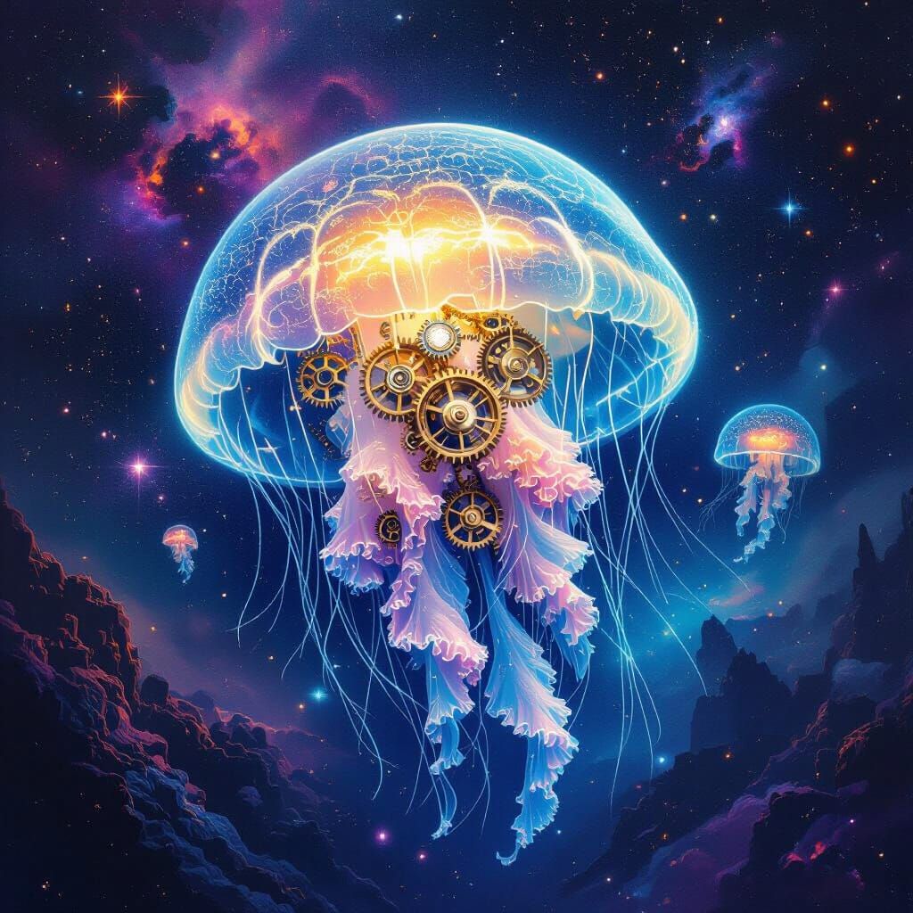Imagine a bioluminescent jellyfish gracefully drifting through the cosmos, its bell adorned with intricate clockwork gea...