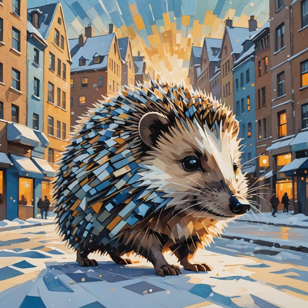 Hedgehog Walks City Streets: Cubist Oil Painting