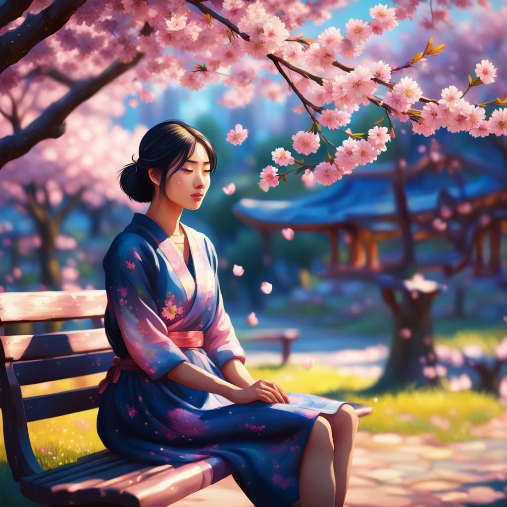 Asian Girl Under Cherry Blossom Tree: Fantasy Oil Painting