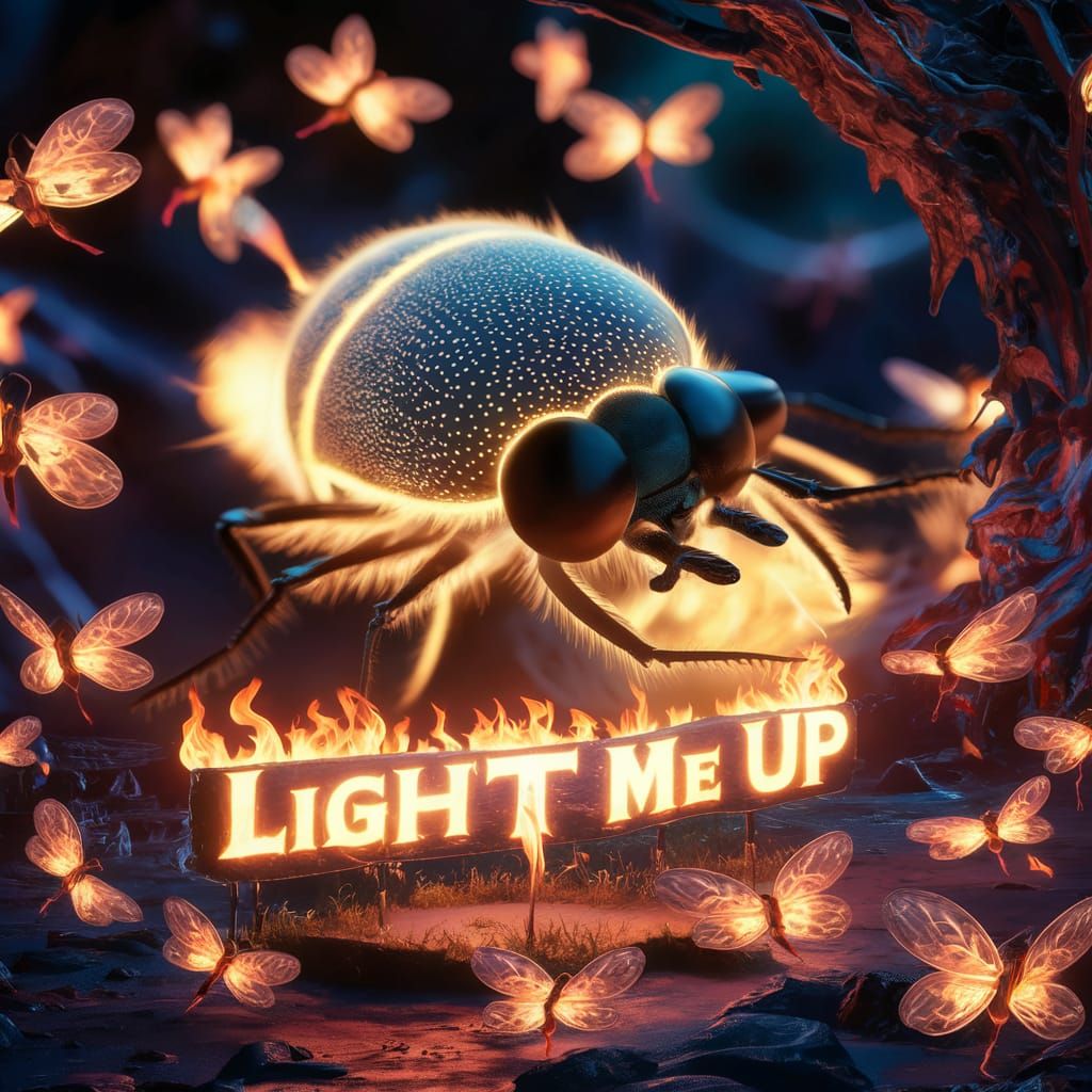 Glowing Firefly Illuminates a Flaming Sign