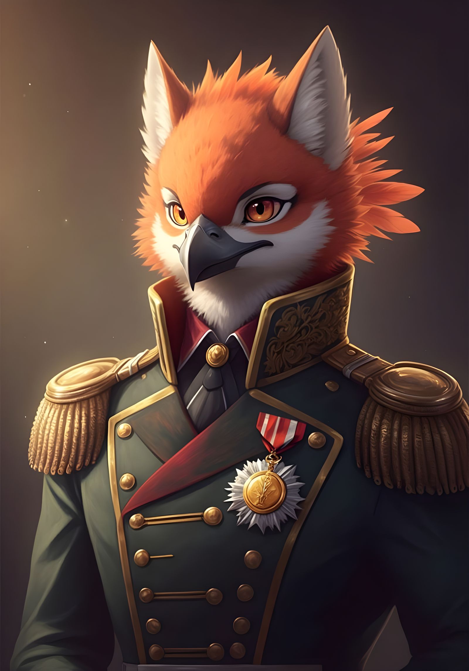 Anime-Style Anthropomorphic Robin in Military Uniform