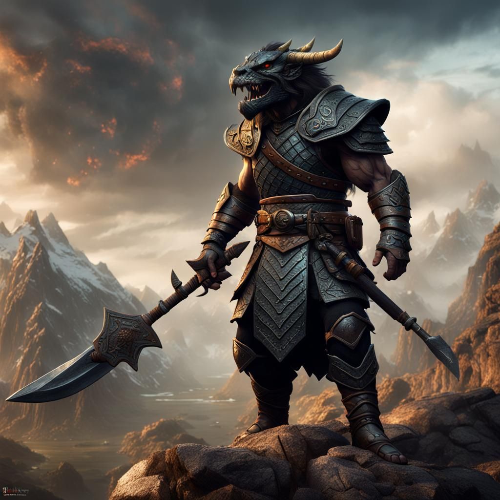Detailed Dragonborn Barbarian Ranger in Fantasy Art