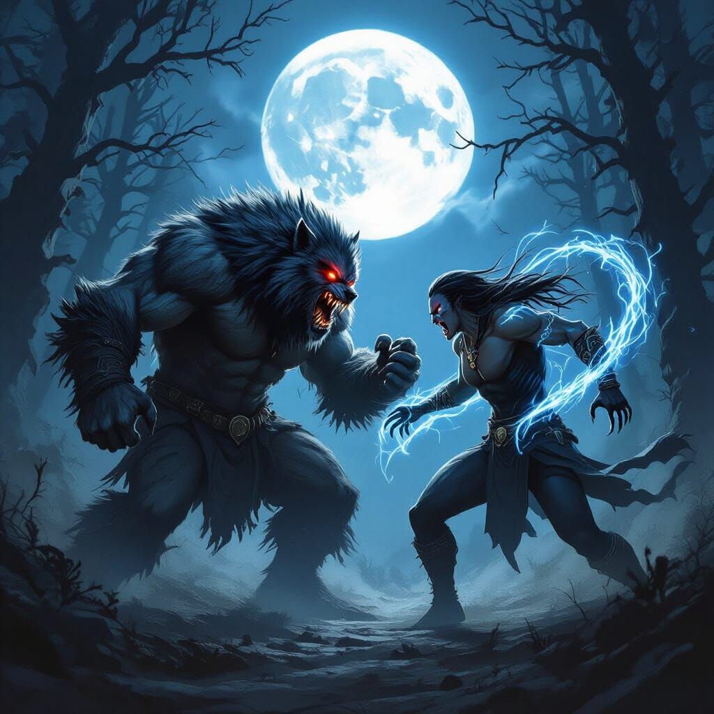 Werewolf Warriors Battle Under Mystical Moon