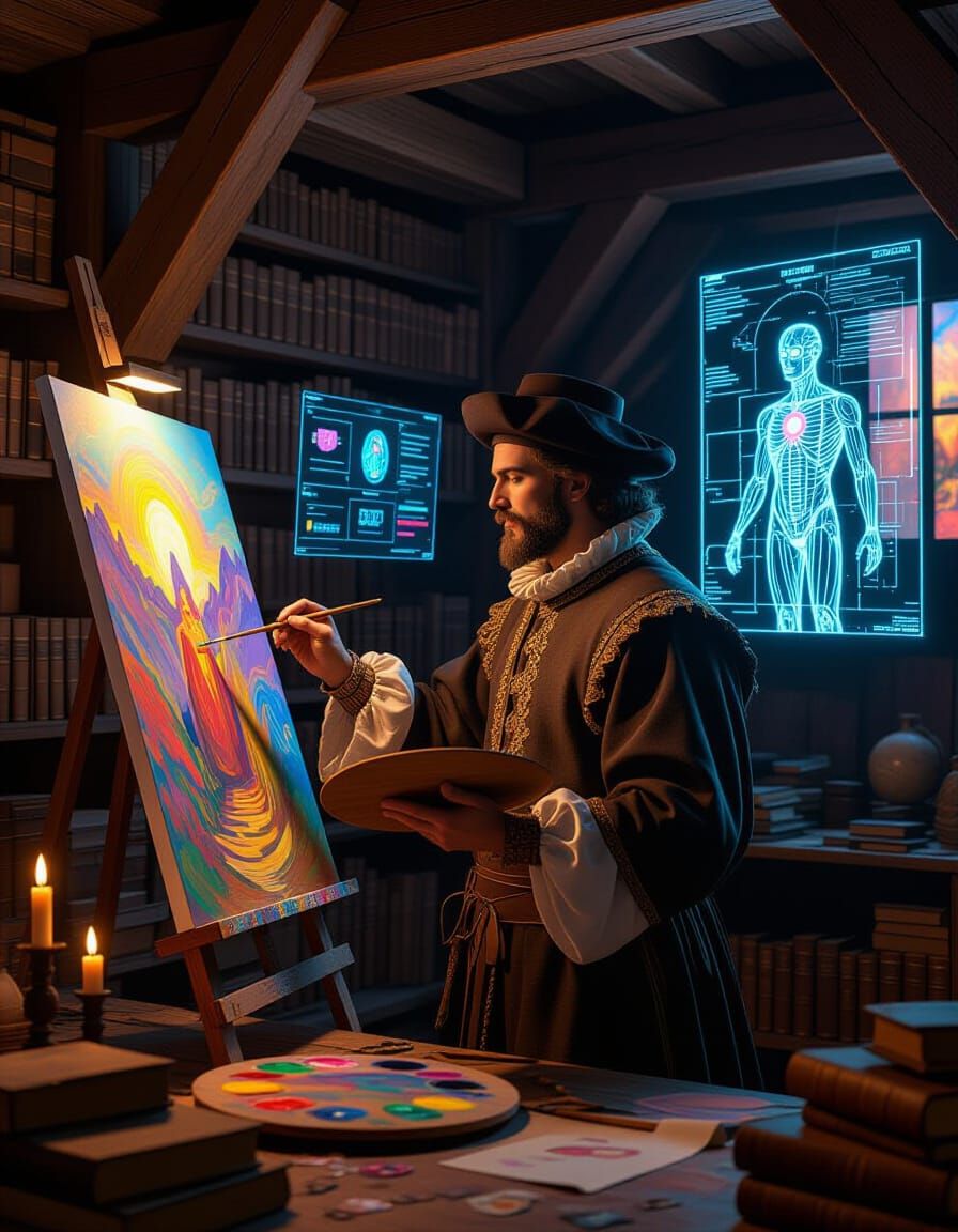 Renaissance Painter Meets AI Hologram in Hyper-Realistic Art