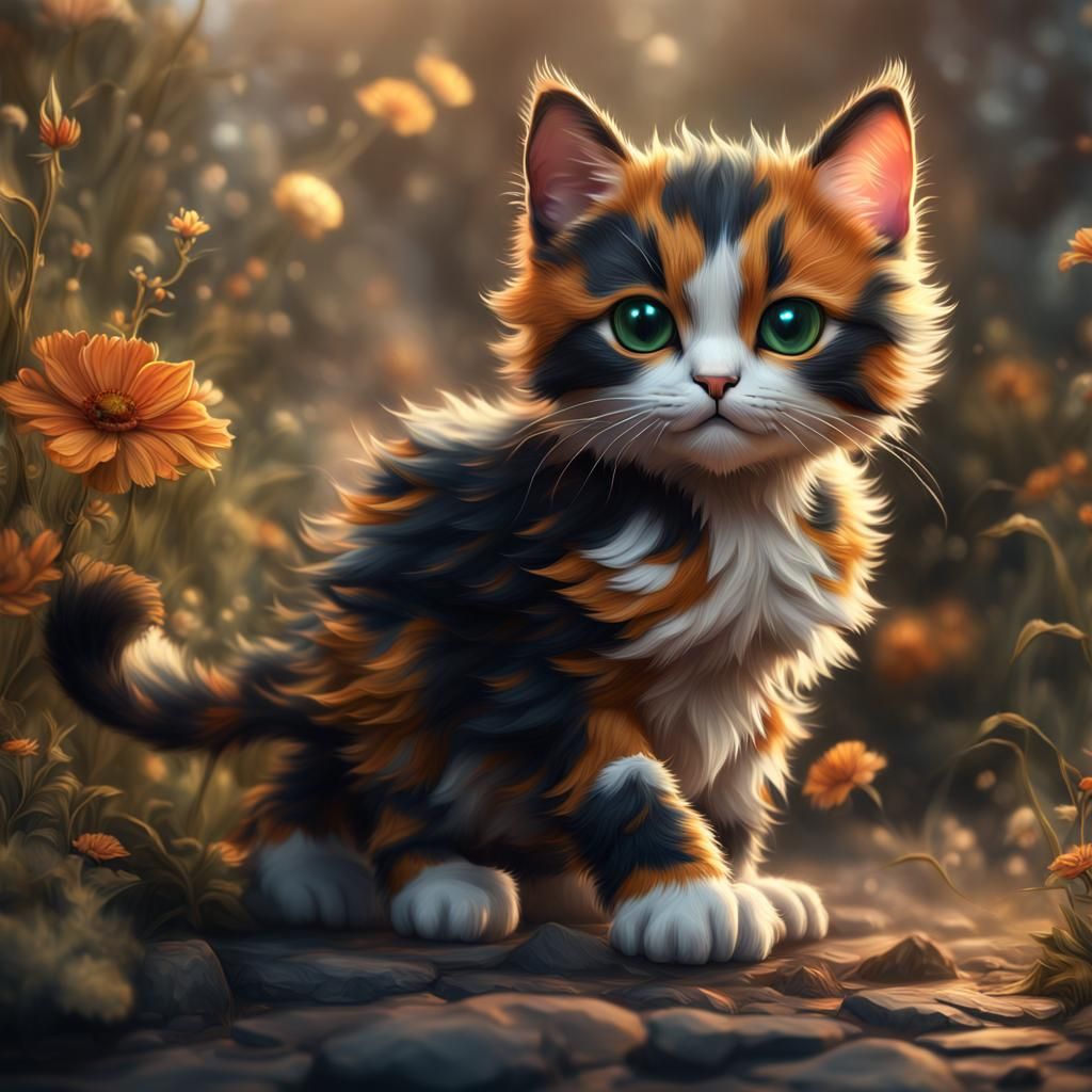 Realistic Calico Kitten: Detailed Matte Painting