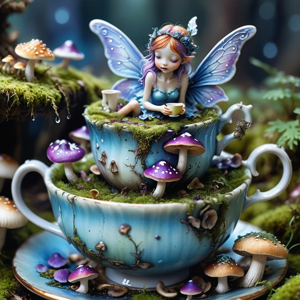 Fairy Tea Party in Teacup: Grunge Fantasy Art
