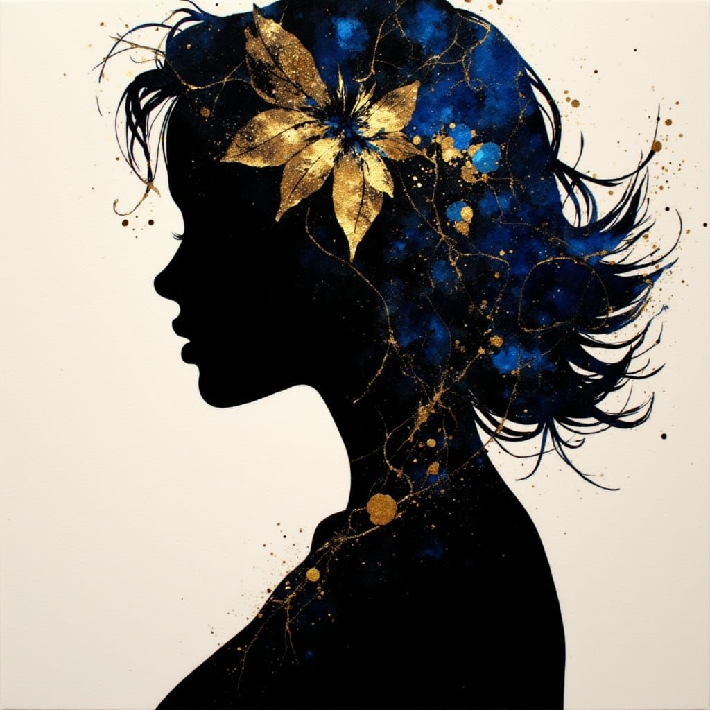 Elegant Woman Silhouette in Black and Gold Mixed Media
