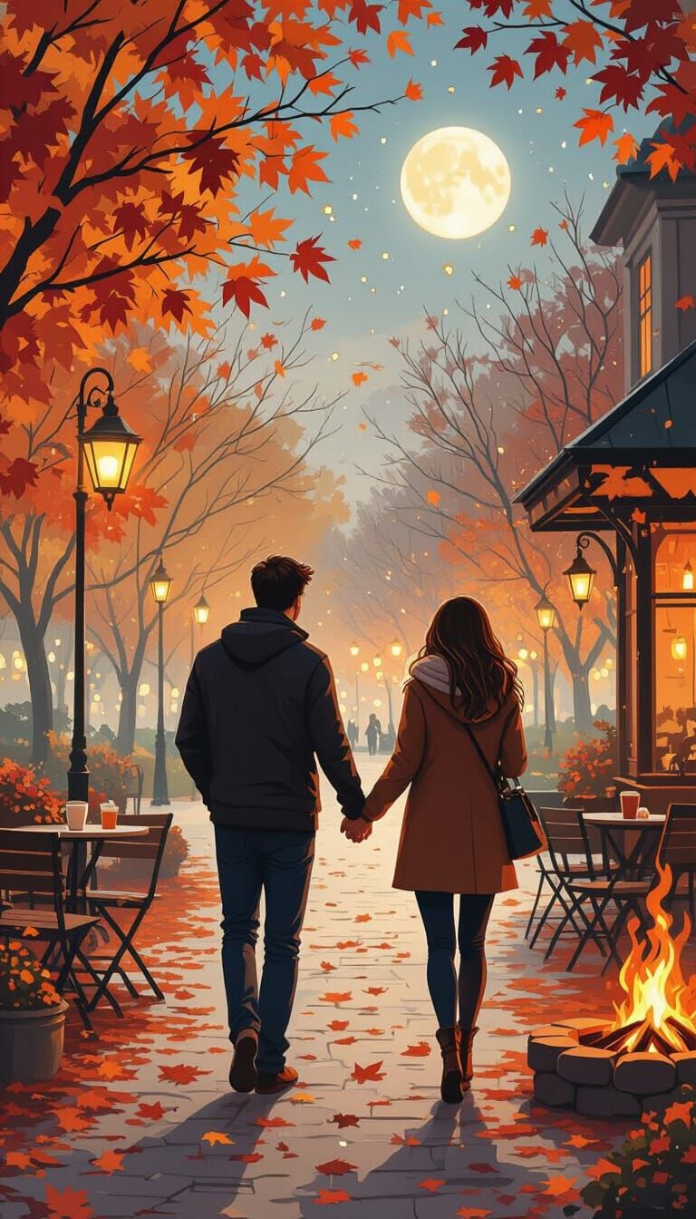 Romantic Autumn Night in Park with Bonfire
