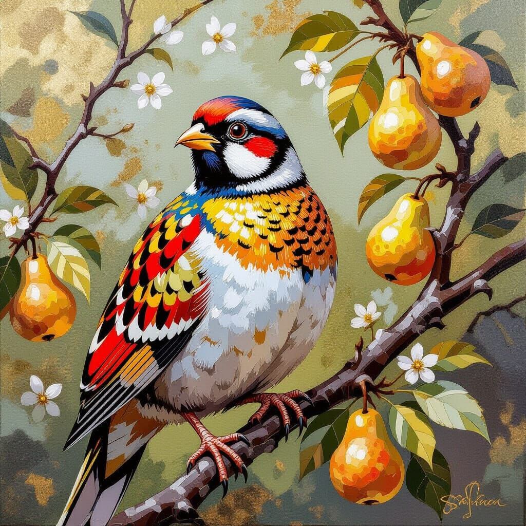Golden Partridge in Pear Tree Impasto Comic Style
