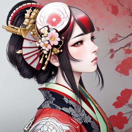 Geisha Portrait in Ukiyo-e Anime Style